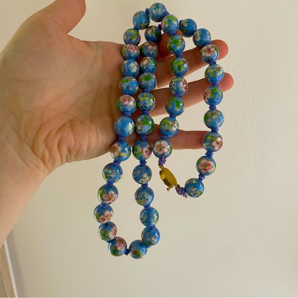 Vintage Jewelry - Mid Century Chinese Export Baby Blue Cloisonne Enamel Glass Gold Filled Necklace